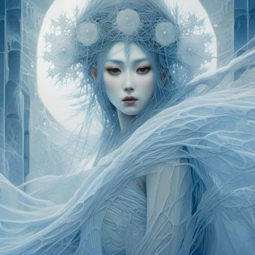Prompt: <mymodel>Highly detailed digital painting of Yuki Onna, ethereal ice queen with flowing kimono, intricate snowflake patterns, piercing blue eyes, mystical atmosphere, Japanese folklore, supernatural beauty, icy blue and white tones, soft glowing light, 4k, ultra-detailed, digital painting, Japanese folklore, ethereal, intricate details, mystical, icy blue tones, supernatural beauty, soft lighting