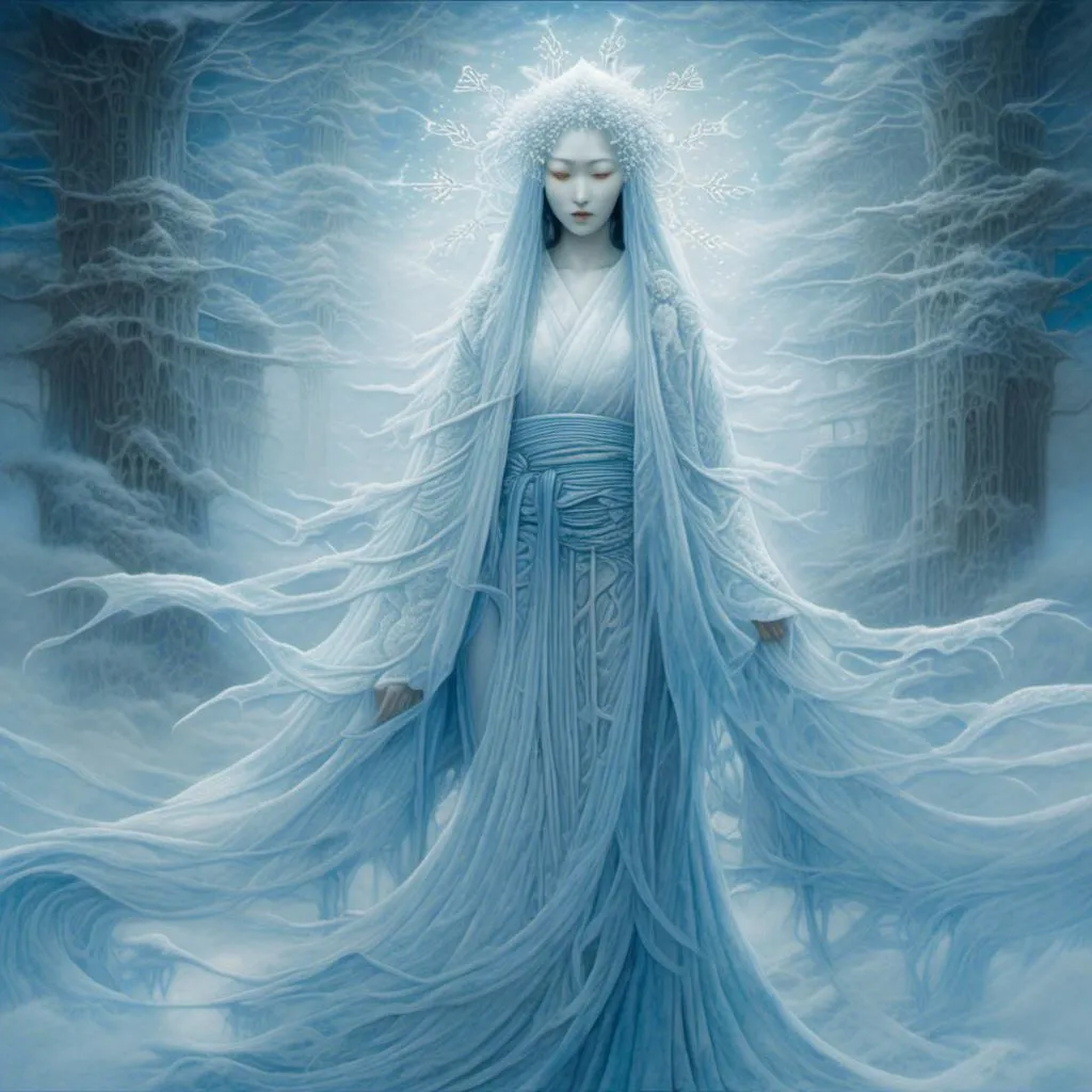 Prompt: <mymodel>Highly detailed digital painting of Yuki Onna, ethereal ice queen with flowing kimono, intricate snowflake patterns, piercing blue eyes, mystical atmosphere, Japanese folklore, supernatural beauty, icy blue and white tones, soft glowing light, 4k, ultra-detailed, digital painting, Japanese folklore, ethereal, intricate details, mystical, icy blue tones, supernatural beauty, soft lighting