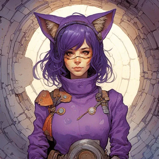 Prompt: <mymodel>a womans in a cat mask, cat ears and purple outfit in a tunnel with a circular light in the background and a circular light in the middle, Fan Kuan, retrofuturism, cosplay, a character portrait