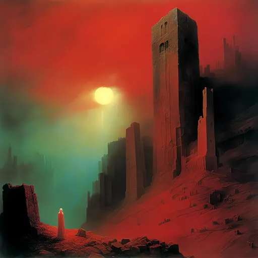 Prompt: <mymodel>Pristine ivory white castle on a cliff, jagged edges, eerie dreadfully red sky, comet, high quality, detailed, surreal, vibrant tones, atmospheric lighting zdzislaw beksinski style