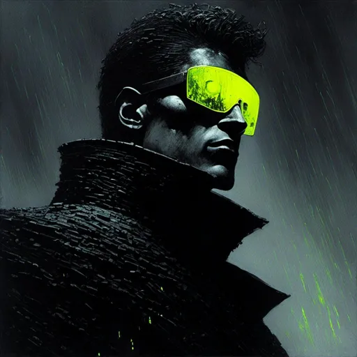 Prompt: <mymodel>Gritty Todd McFarlane style black and neon man wearing sunglasses. Gritty, futuristic villain. Bloody. Accurate. realistic. evil eyes. Slow exposure. Detailed. Dirty. Dark and gritty. Post-apocalyptic Neo Tokyo .Futuristic. Shadows. Armed. Fanatic. Intense. 