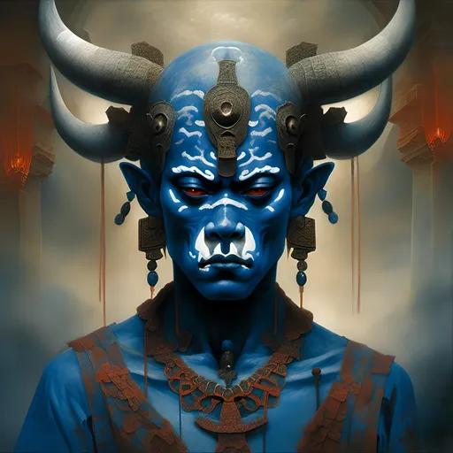 Prompt: <mymodel>High-res digital painting of a formidable blue-skinned Japanese Oni with white war paint, fierce expression, intricate horn details, traditional clothing, dynamic pose, detailed face and body, vibrant colors, dramatic lighting, oni, Japanese folklore, digital painting, detailed features, traditional attire, intense gaze, dynamic pose, high contrast lighting, vibrant colors