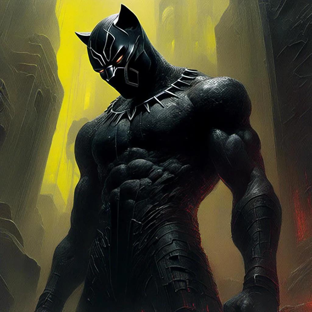 Prompt: <mymodel>Gritty Todd McFarlane style black and neon Black Panther. Full body. Gritty, futuristic villain. Bloody. Accurate. realistic. evil eyes. Slow exposure. Detailed. Dirty. Dark and gritty. Post-apocalyptic Neo Tokyo .Futuristic. Shadows. Armed. Fanatic. Intense. 