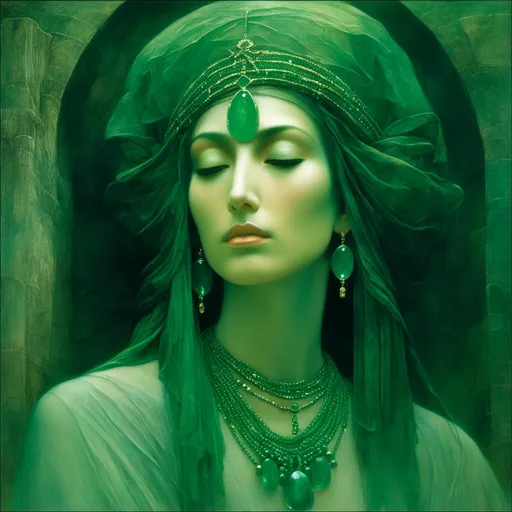 Prompt: <mymodel>Kwan Yin adorned with an emerald necklace, serene amidst a flourishing natural setting, captured in the style of a midjourney v6, emerald hues complementing the lush surroundings, ultra-realistic, Kodachrome aesthetic, high definition, 32k resolution.