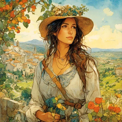 Prompt: <mymodel>Beautiful italian lady in an beautiful landscape of Umbrië, Style Flora Bowley and Vincent van Gogh,8k, dynamic lighting, ultra detailed