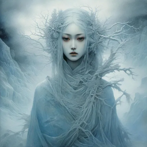Prompt: <mymodel>Mysterious digital painting of a Yuki Onna, snowy landscape, ethereal and haunting aura, ice-like skin texture, flowing icy hair, piercing icy blue eyes, traditional Japanese attire, delicate snowflakes swirling around, high quality, detailed digital painting, eerie atmosphere, cool tones, ghostly, traditional, snowy, detailed eyes, professional, atmospheric lighting