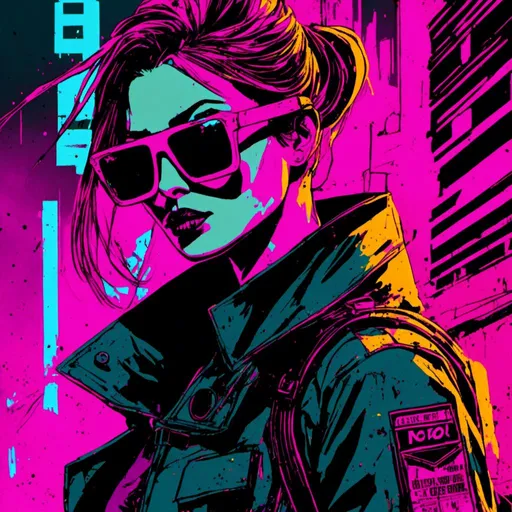 Prompt: <mymodel>Gritty Todd McFarlane style black and neon woman wearing sunglasses. Gritty, futuristic villain. Bloody. Accurate. realistic. evil eyes. Slow exposure. Detailed. Dirty. Dark and gritty. Post-apocalyptic Neo Tokyo .Futuristic. Shadows. Armed. Fanatic. Intense. 