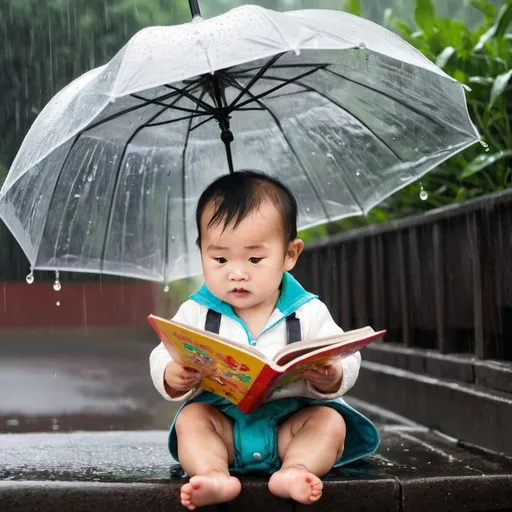 Prompt: chinese baby reading book in rain under the umbrella