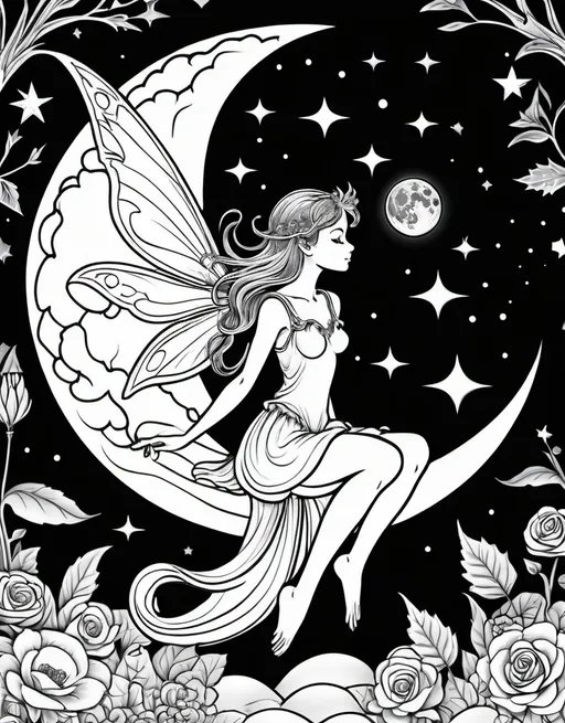 Prompt: black and white outline adult coloring 
 of fairy on the moon