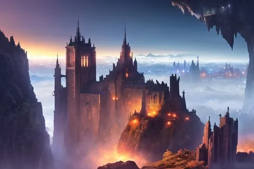 Prompt: a mysterious overhang medieval massive city, photorealistic, unreal engine, dark fantasy