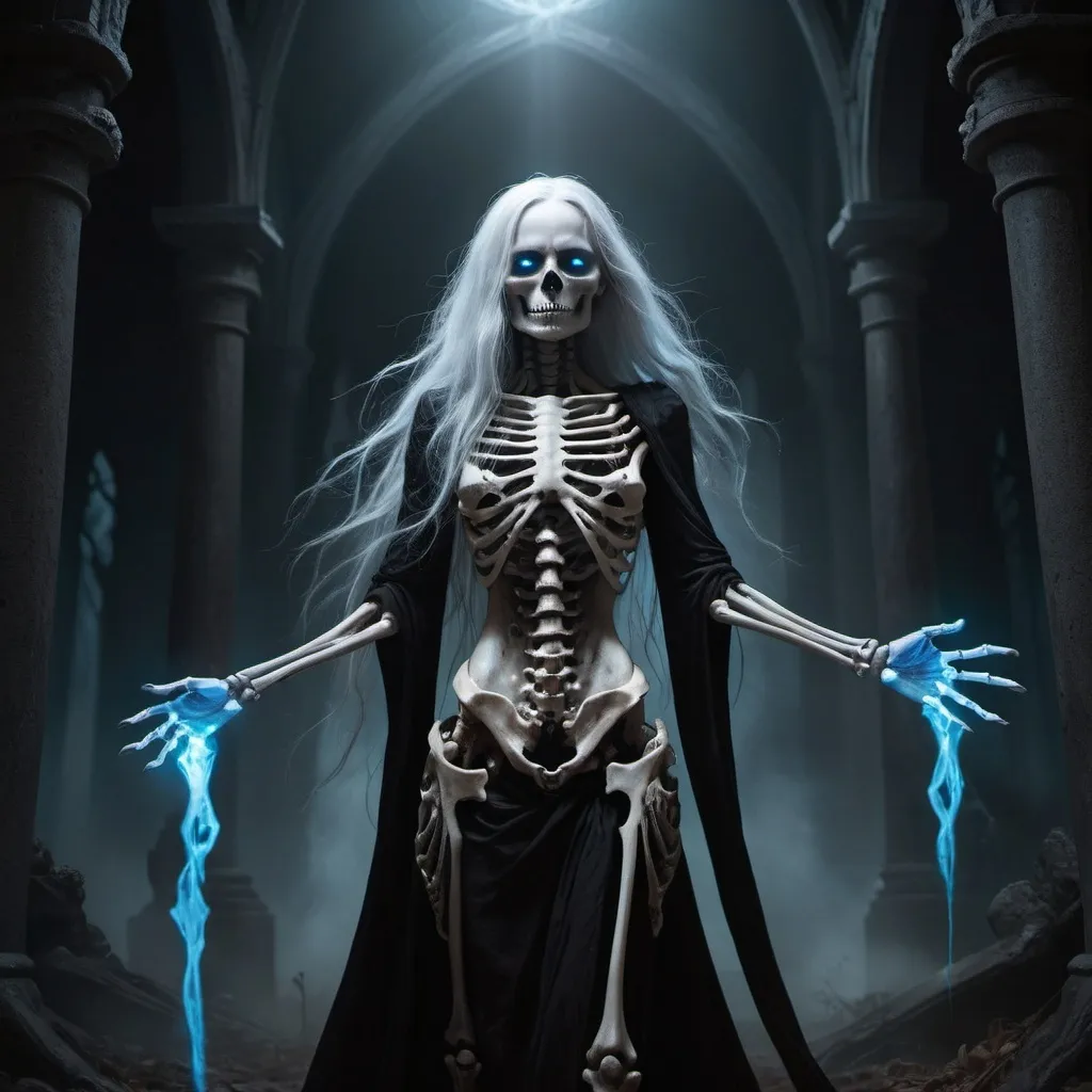 Prompt: A powerful necromancer woman with glowing blue eyes and flowing silver hair stands in a dark, eerie setting. Her hand is outstretched, commanding an eerie skeletal figure to emerge from the ground. The skeleton rises with an intimidating posture, casting a haunting glow. The scene is illuminated by an otherworldly light, enhancing the necromancer's formidable presence and creating a dramatic, menacing atmosphere