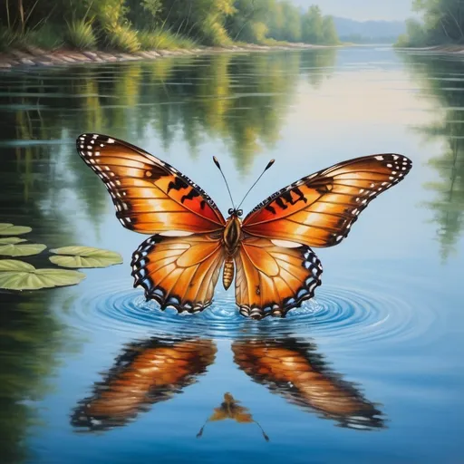 Prompt: Butterfly flying over water, realistic oil painting, serene natural scenery, vibrant colors, detailed wings, high quality, realistic, nature, oil painting, vibrant colors, detailed wings, serene, natural scenery, water reflection, peaceful atmosphere, professional