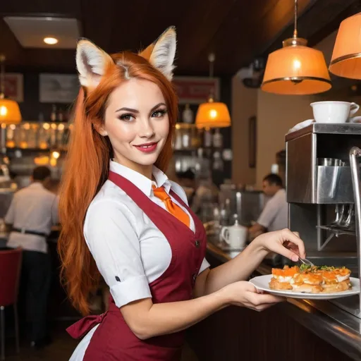 Prompt: A beautiful fox woman waitress at work