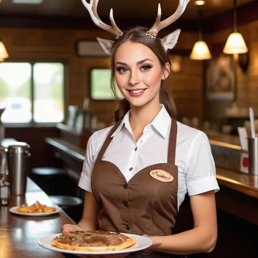 Prompt: A beautiful deer woman waitress at work