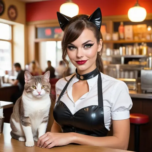 Prompt: A beautiful cat woman waitress at work