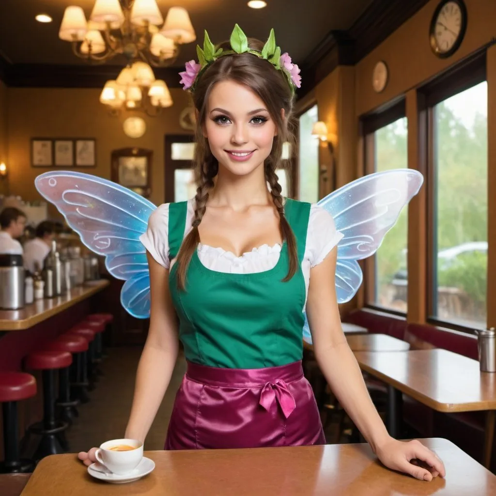 Prompt: A gorgeous fairy woman waitress at work