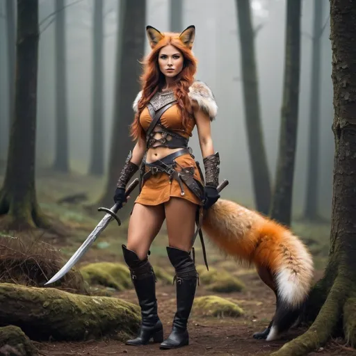 Prompt: Full body photo of a gorgeous fox woman warrior adventurer at work