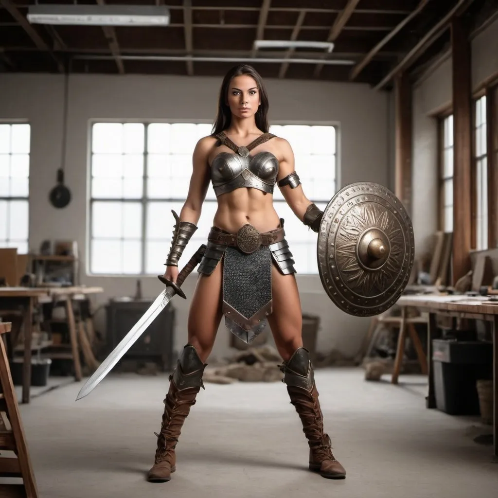 Prompt: A full body photo of a gorgeous warrior woman at work