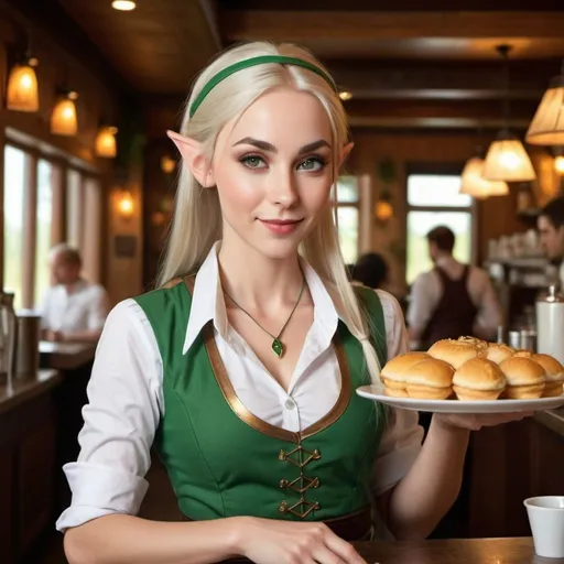 Prompt: A gorgeous elven woman waitress at work