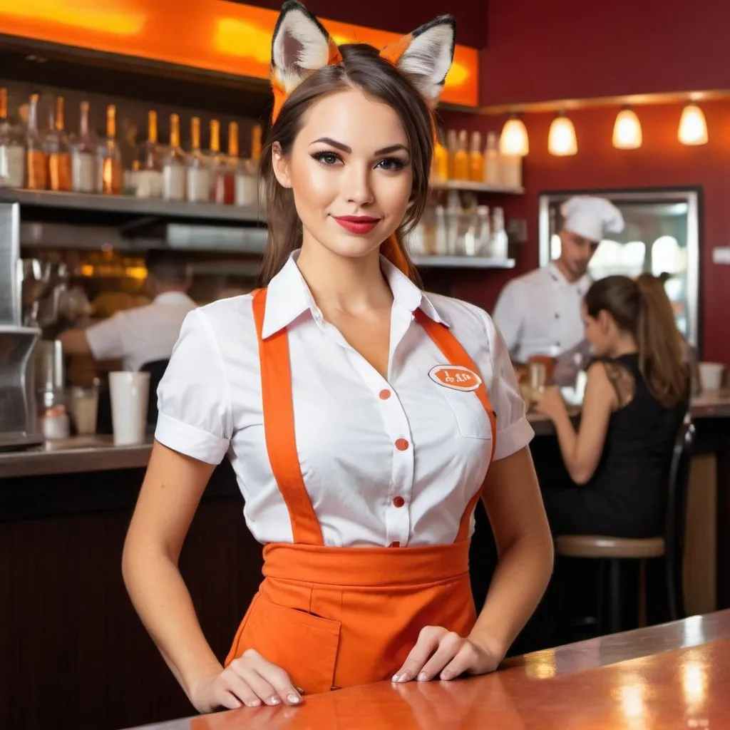 Prompt: A full body photo of a gorgeous fox woman waitress at work