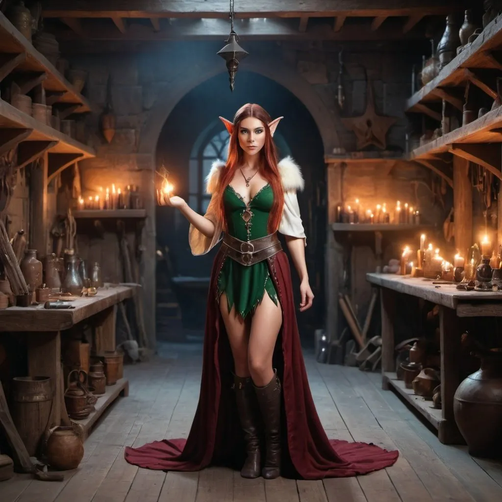 Prompt: Full body photo of a gorgeous elf sorceress in an empty magical workshop