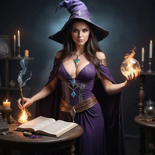 Prompt: A full body photo of a gorgeous sorceress at work