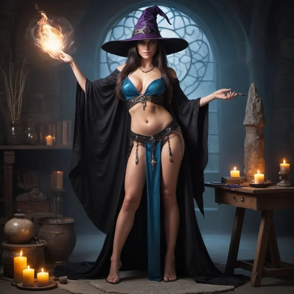 Prompt: A full body photo of a gorgeous sorceress at work