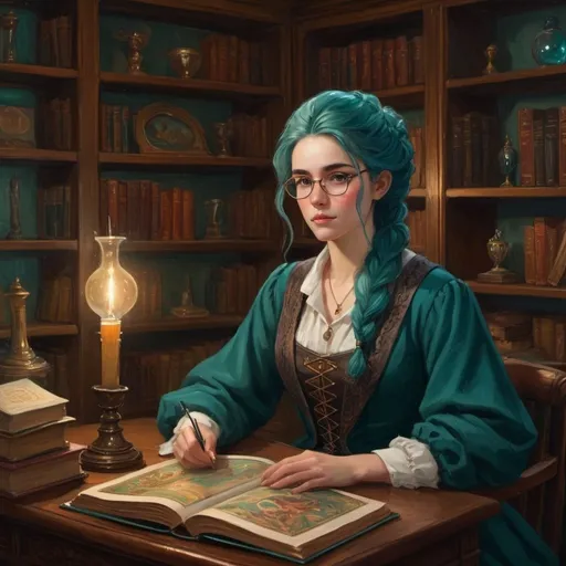 Prompt: The Ph.D. candidate, academic setting, warm and studious atmosphere, detailed facial features, classic oil painting, book-lined shelves, thoughtful expression, cozy lighting, high definition, traditional art style, warm tones, atmospheric lighting, 19th-century attire, professional, scholarly, cozy ambiance, TAROT. TEAL HAIR, CRYSTALS.