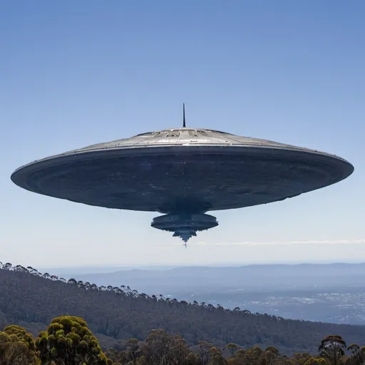 Prompt: Photograph massive alien spaceship floating above Mount Dandenong fighting air force