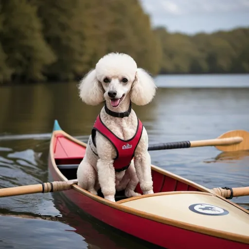 Prompt: Poodle rowing canoe
