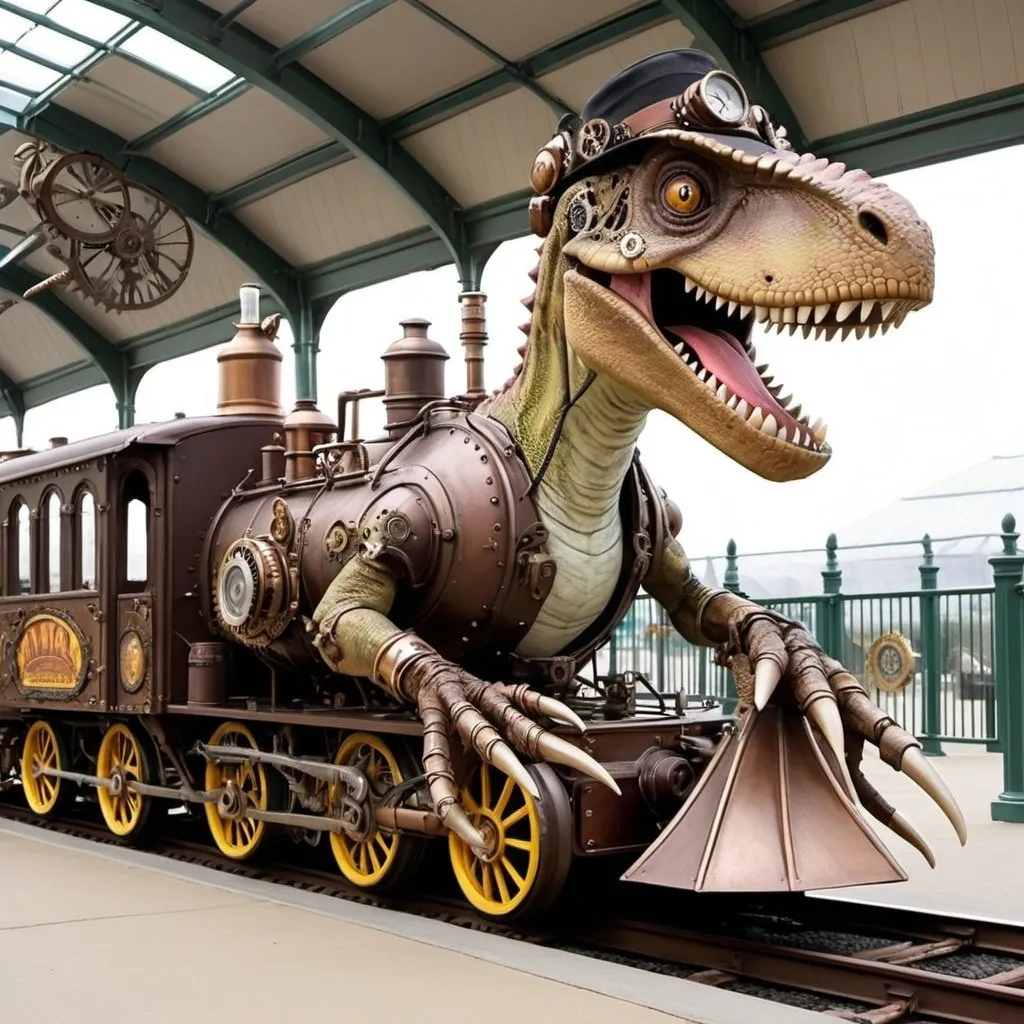 Prompt: Steampunk dinosaur zoo train