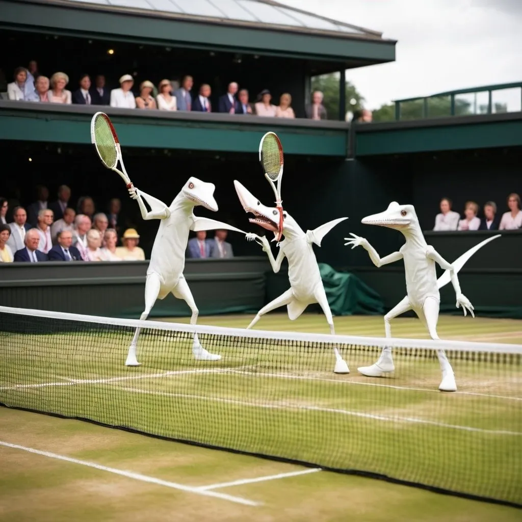 Prompt: Pteradacyals playing tennis at Wimbledon