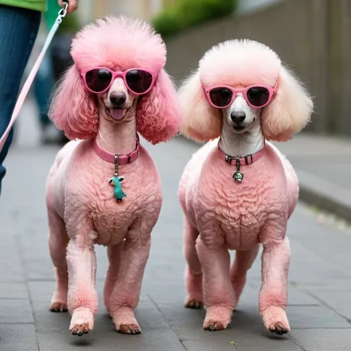 Prompt: Pink poodles taking a budgerigar for a walk