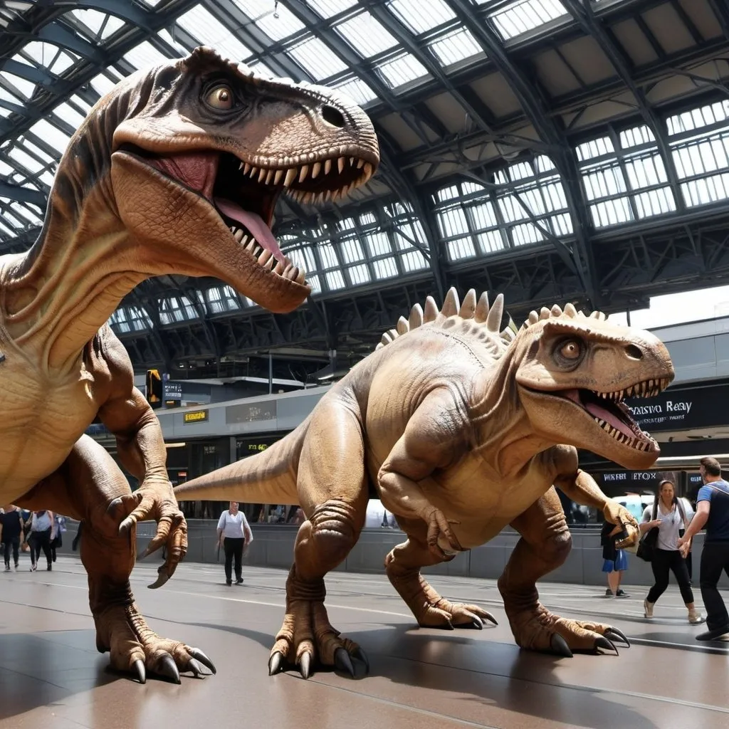 Prompt: Dinosaurs fighting alien dogs at Southern Cross Railway Station