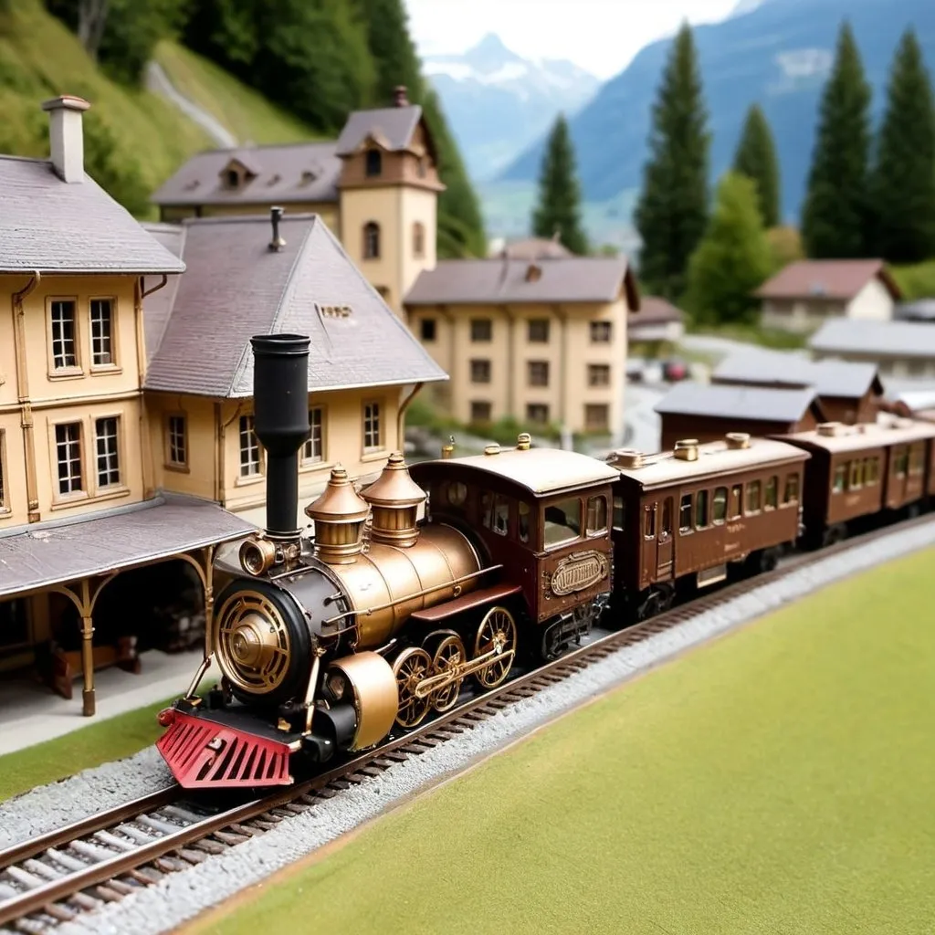 Prompt: Miniature model steampunk railway Switzerland