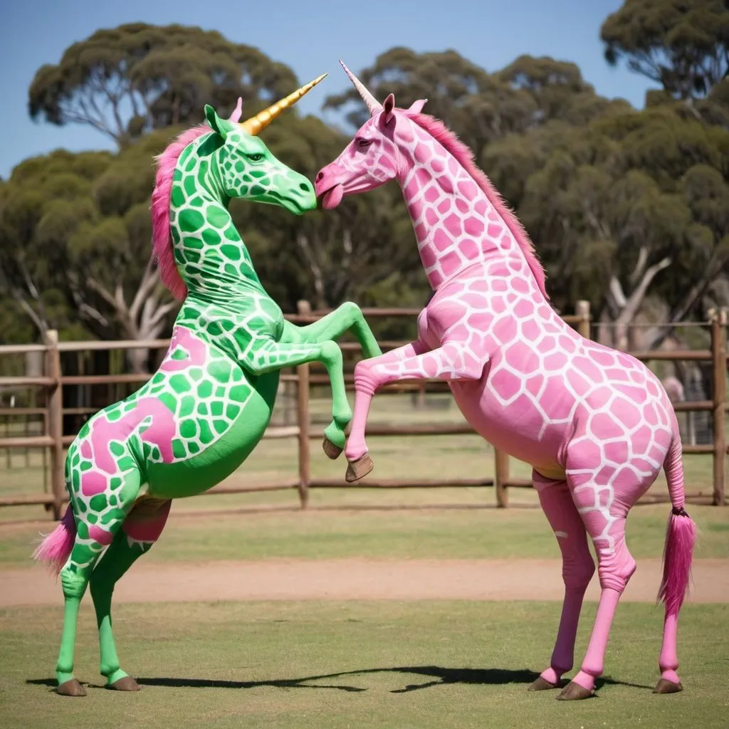 Prompt: Photo of Pink unicorn fighting green giraffe at Werribee Open Range Zoo