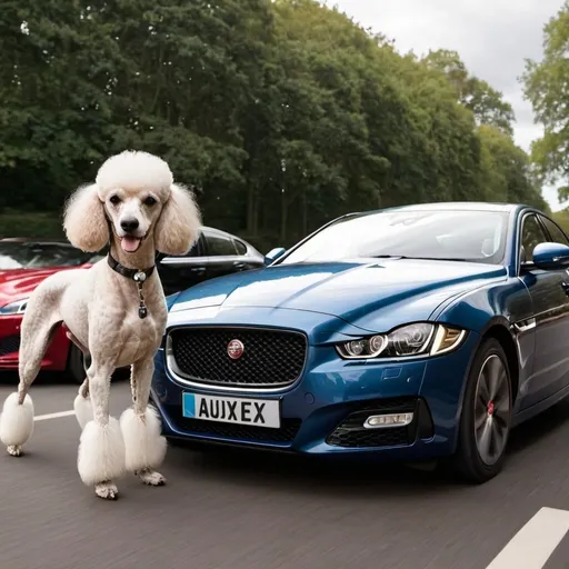 Prompt: Poodle driving Jaguar XE