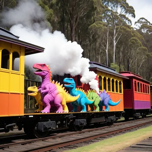 Prompt: Photograph of rainbow dinosaurs fighting on Puffing Billy train
