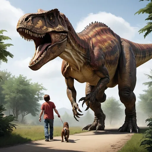 Prompt: Tyranosaurus Rex taking pet human for a walk