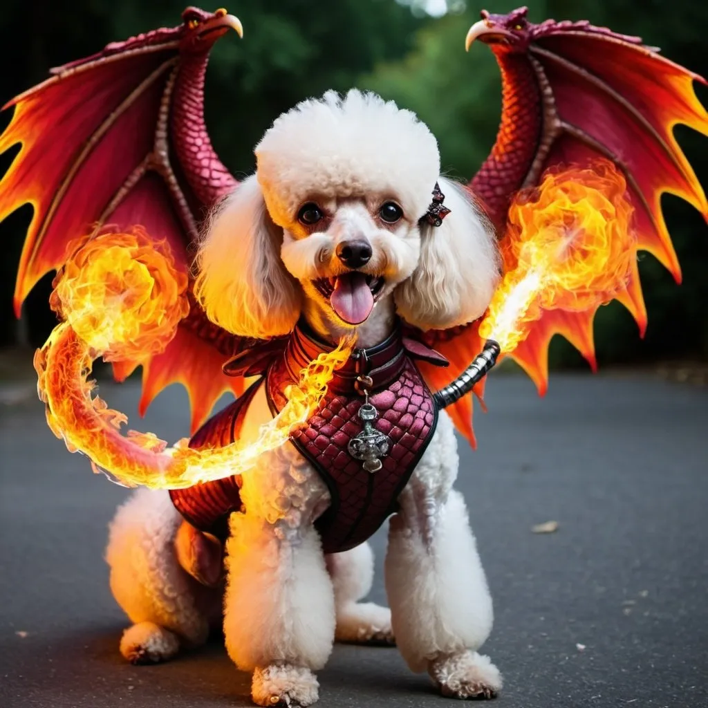 Prompt: Fire breathing Poodle with dragon wings