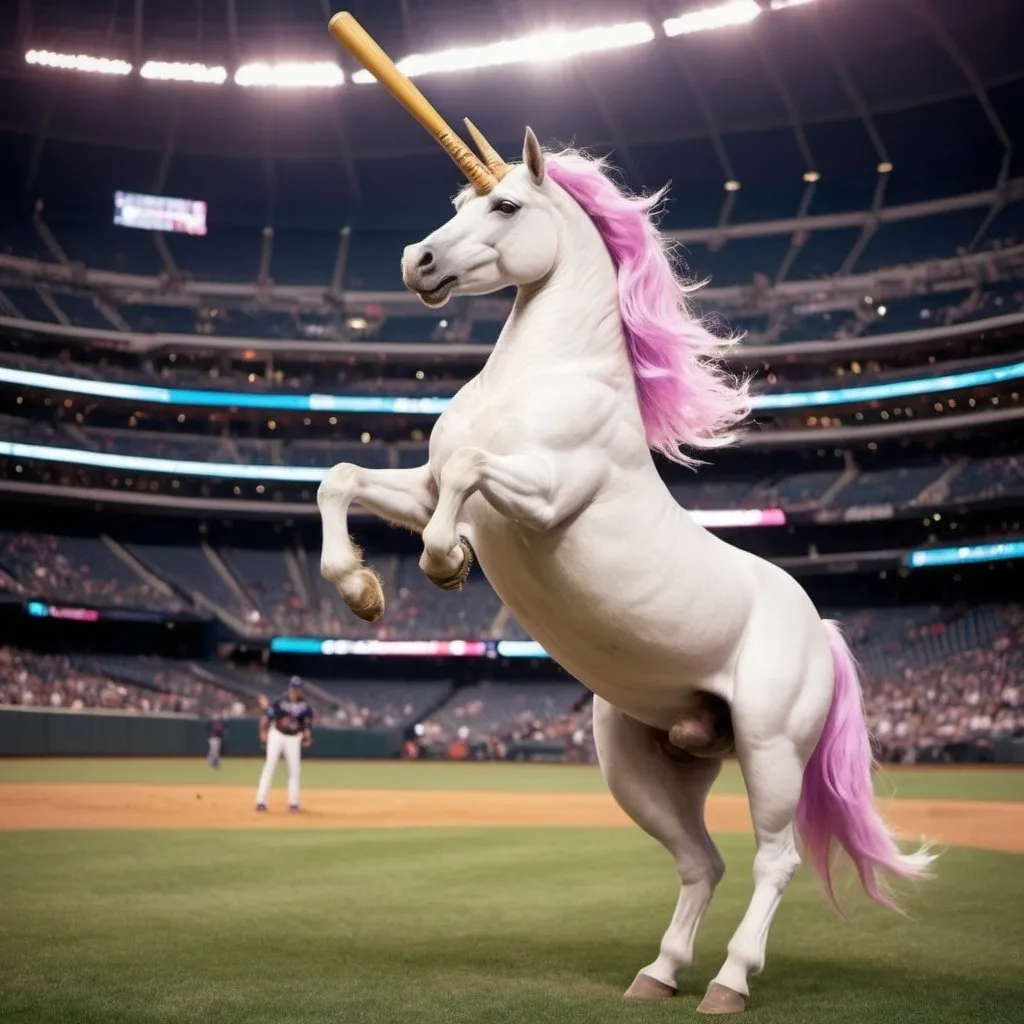 Prompt: Photographs unicorns playing baseball at the superbowl