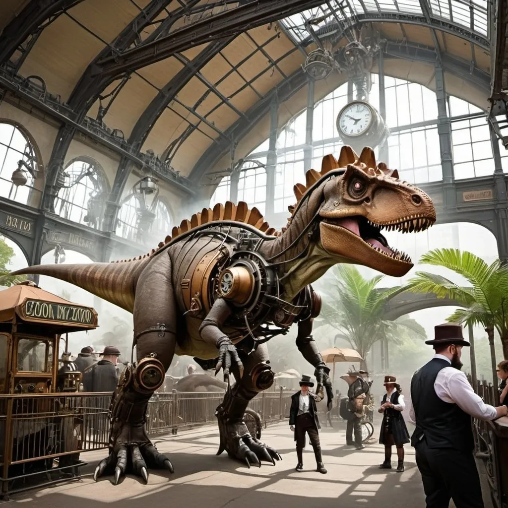 Prompt: Steampunk dinosaur zoo