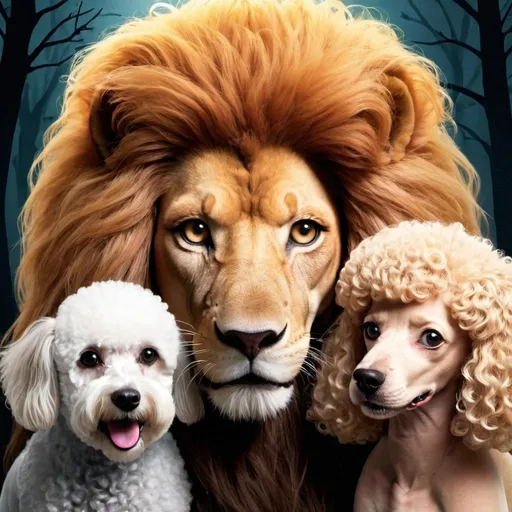 Prompt: create a cover image for the lion the witch and the poodle