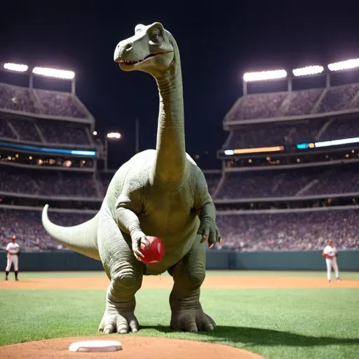 Prompt: Brontosaurus playing baseball at eh superbowl