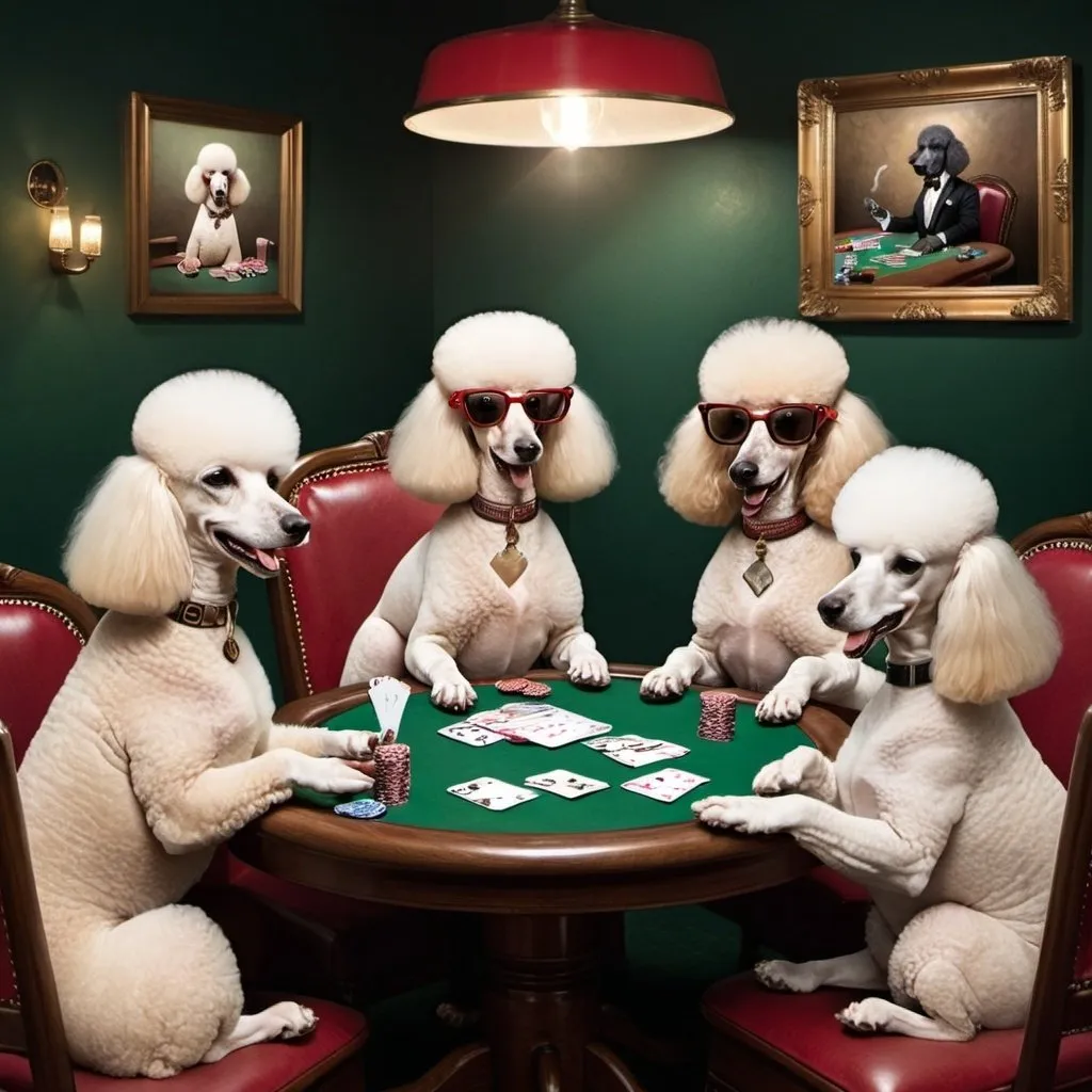 Prompt: Poodles playing poker and smoking cigars