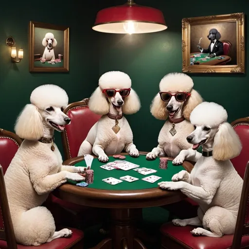 Prompt: Poodles playing poker and smoking cigars