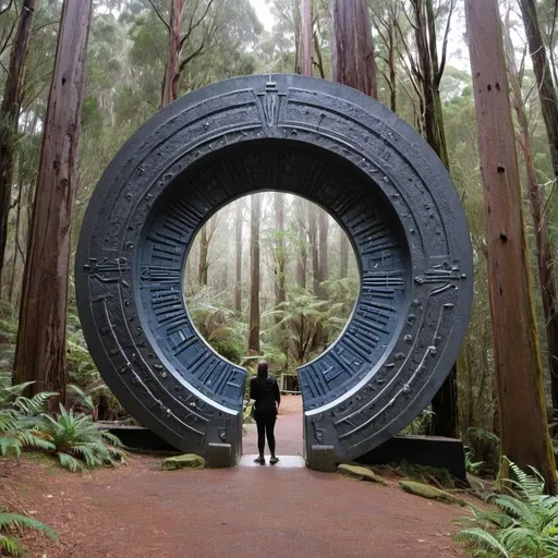 Prompt: Hikers finding a working Stargate in Mount Dandenong with aliens guarding it