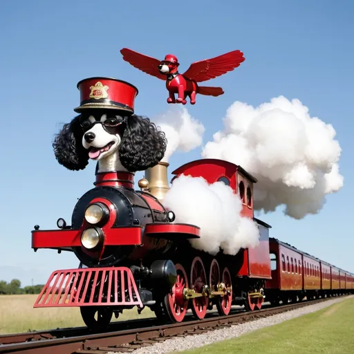 Prompt: Flying poodle steam train