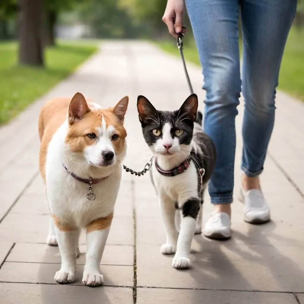 Prompt: A dog taking an alient cat for a walk on a leash