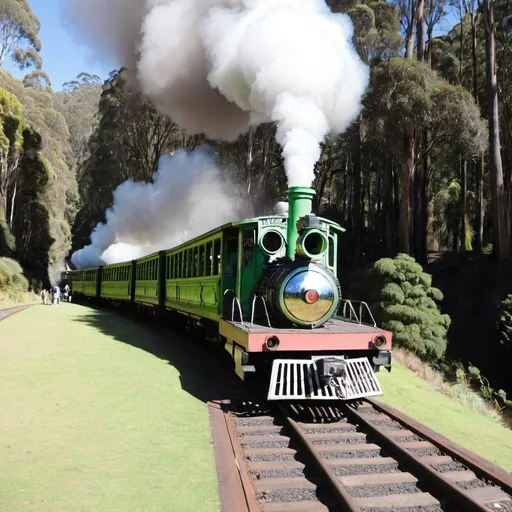 Prompt: Alien train on Puffing Billy railway